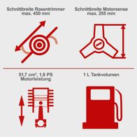 Der Freischneider BCH5300BP hat eine Schnittbreite von bis zu 450 mm und eine Motorsense-Schnittbreite von bis zu 255 mm. Der Motor hat eine Leistung von 51,7 cm³ und 1,8 PS. Der Tank hat ein Volumen von 1 Liter.