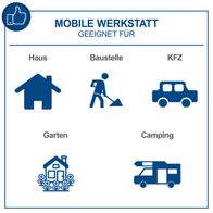 Die mobile Werkstatt eignet sich für Haus, Baustelle, KFZ, Garten und Camping. Enthält einen 135-teiligen Werkzeugkoffer mit Steckschlüsselsatz.