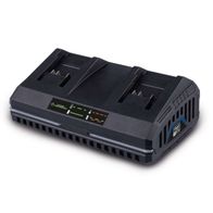 Doppelladegerät SDBC2.4A von Scheppach. Lädt 2.0Ah & 4.0Ah Akkus. Mit LED-Anzeige und Wandhalterung. Standby-Modus und Ladezustandsanzeige für beide Akkus.