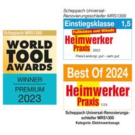 Die Scheppach Universal-Renovierungsschleifer MRS1300 gewann 2023 den World Tool Awards in der Premium-Klasse und wurde 2024 von Heimwerker Praxis als Bestes Produkt ausgezeichnet. Sie erhielt 2022 die Bewertung gut-sehr gut von Heimwerker Praxis.