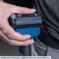 Der Akku-Bohrschrauber BC-DD60-X von Scheppach verfügt über einen praktischen Gürtelclip, ideal für Arbeiten auf einer Leiter.