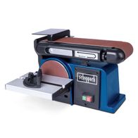 Band- und Tellerschleifer BTS800 von Scheppach. Wichtige Merkmale: 230V, 50Hz, 370W, 2980 U/min, 150mm Scheibe, 100 x 280mm Band.