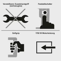 Produktmerkmale: Verstellbarer Zusatzhandgriff (ohne Werkzeug), Feststellschalter, Softgrip, 1700 W Motorleistung.