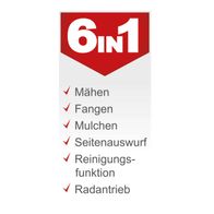 Der Rasenmäher MS161-46 von Scheppach bietet folgende Funktionen: Mähen, Fangen, Mulchen, Seitenauswurf, Reinigungsfunktion und Radantrieb.