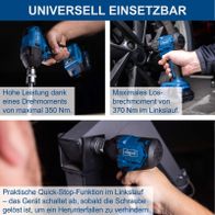 Akku-Schlagschrauber mit hoher Leistung und maximalen Drehmomenten von 350 Nm und 370 Nm im Linkslauf, inklusive praktischer Quick-Stop-Funktion.
