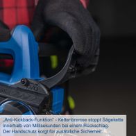 Anti-Rückschlagfunktion für Kettenbremse, die die Sägekette innerhalb Millisekunden stoppt