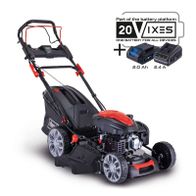 Hybrid-Start-Benzin-Rasenmäher PML56-225ES von Scheppach. Teil des 20V-MAX-Batteriesystems. Inklusive 2,0 Ah und 2,4 Ah Akkus. Elektrostart und Radantrieb. 6 PS. Schnittbreite bis zu m².