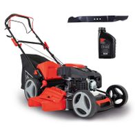 Benzin Rasenmäher MS225-53 Scheppach mit 6PS, 53 cm Schnittbreite, Radantrieb und 65 Liter Fangkorb. Inklusive 4-Takt-Öl für einfache Wartung.