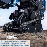 Scheppach Kompaktlader mit Spurbreite von 740 mm für effiziente Nutzung in engen Durchgängen und schwer zugänglichen Bereichen.