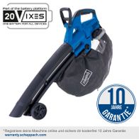 Der Akku-Laubsauger/-bläser BC-BLV720-X von Scheppach ist Teil der 20VIXES Batterieplattform. Eine Batterie für alle Geräte. 10 Jahre Garantie bei Online-Registrierung auf warranty.scheppach.com.