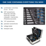 The Tool Kit TB150 by Scheppach includes 8 combination wrenches (8 mm - 19 mm), 6 screwdrivers (3/8 inch), 1 screwdriver (1/4 inch), 2 precision screwdrivers, 1 voltage tester, and 1 transport case.