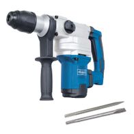 Der Scheppach Bohrhammer DH1200MAX mit zwei Einschlagbohrern. Der Bohrhammer hat einen zusätzlichen Handgriff und eine Drehrichtungsumschaltung.