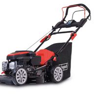 Scheppach Rasenmäher mit schwarzem Auffangbehälter und OHV-Motor.