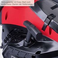Seilzugstarter mit Easy Start zum einfacheren Starten der Kettensäge. Der Startknopf ist schwarz und befindet sich auf der rechten Seite des Geräts.