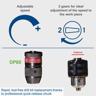 The Scheppach DP60 bench drill features adjustable speed with two gears for ideal adjustment to the workpiece. It includes a tool-free quick-release chuck for rapid, tool-free drill bit replacement.