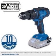 Die Akku-Schlagbohrmaschine BC-CD60-X von Scheppach bietet 19+1+1 Drehmomentstufen und ein Drehmoment von 60Nm. Sie ist Teil des 20VIXES Akkusystems und hat eine 10-Jahre-Garantie bei Online-Registrierung.