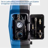 Der Kompressor Aircase von Scheppach enthält verschiedene Düsen und Zubehörteile für vielfältige Anwendungen. Das Set umfasst einen Druckmesser, einen Regler und mehrere Düsen für unterschiedliche Aufgaben.