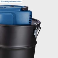 Der Aschesauger AVC20 von Scheppach verfügt über einen Schnellspannverschluss für einfache Handhabung und schnellen Wechsel des Behälters.