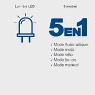 The Scheppach AC10/8V Cordless Hand-Held Compressor features 5 operating modes: Automatic, Motor, Bicycle, Balloon, and Manual.