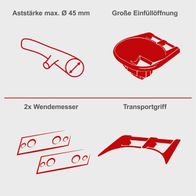 Der Scheppach Häcksler BIOSTAR 3000 hat eine maximale Aststärke von 45 mm, eine große Einfüllöffnung, zwei Wendemesser und einen Transportgriff.