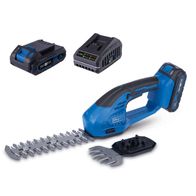 Akku-Gras- und Strauchschere C-HTGS200-X - SET S2. Enthält Akku, Ladegerät, zwei Schneidblätter und eine Schutzabdeckung. 20V, 2.0Ah Akku mit LED-Anzeige für Ladezustand.