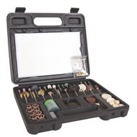 Der Zubehörkoffer 100tlg. HG34 von Scheppach mit verschiedenen Schleif- und Polierwerkzeugen. Der Koffer ist offen und zeigt die Werkzeuge in ihren Fächern.