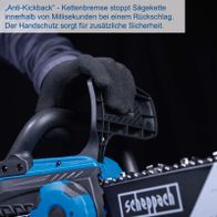 Scheppach Akku-Kettensäge mit Anti-Rücklaufbremse für die Sägekette, Handschutz integriert