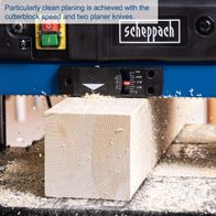 The Scheppach PLM1800 thickness planer achieves particularly clean planing with the cutterblock speed and two planer knives.
