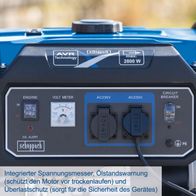 Der Scheppach Stromerzeuger SG3200x verfügt über einen integrierten Spannungsmesser, Ölstandswarnung zum Schutz des Motors vor Trockenlaufen und Überlastschutz für die Sicherheit des Geräts.