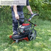 Doppelklappbarer Griff für platzsparende Lagerung eines Scheppach-Wiesenmähers