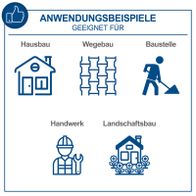Illustration mit Anwendungsbeispielen für Bauarbeiten: Hausbau, Straßenbau, Baustellen, Handwerk und Landschaftsbau.