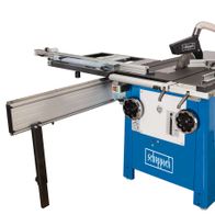 Scheppach Precisa 6.0 table saw, side view with extendable worktop and dust extraction.