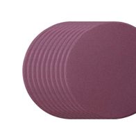 Ein Stapel Schleifpapier mit 150 mm Durchmesser, Körnung K 180 von Scheppach. Das Schleifpapier ist von oben fotografiert worden.