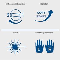 Die Kappzugsäge HM110MP von Scheppach bietet folgende Funktionen: 2 Geschwindigkeiten, Softstart, Laserführung und beidseitige Bedienbarkeit.