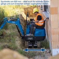 Benzin Mini Bagger EXC815 mit 690 mm Spurbreite, ideal für schmale Durchgänge und schwer zugängliche Stellen. Kettenantrieb für einfache Manövrierfähigkeit.