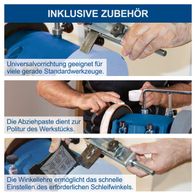 Werkzeugset mit universeller Anpassung für verschiedene gerade Werkzeuge inkl. Schleifpasta und Winkellehre für präzises Schleifen