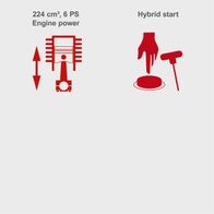 The lawnmower has a 224 cm³ engine with 6 PS power and a hybrid start.