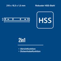 HSS-Drehstahl-Dübel mit 2-in-1-Funktion für Abricht- und Dickenhöbelaufgabe, robustes Design mit Maßen 210 x 16,5 x 1,5 mm