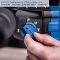 Multifunktionsschalter für schnelles Umschalten zwischen vier Funktionen auf Akku-Bohrhammer