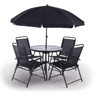 Balkonset 6-tlg. PX-BS-1 Practixx mit 4 Klappstühlen, Sonnenschirm und Glastisch. Klappbare Stühle mit Mesh-Sitzflächen und -rückenlehnen. Sonnenschirm mit schwarzem Dach. Tisch mit runder Glasplatte. Alle Teile in Schwarz-Anthrazit.