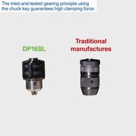 The tried-and-tested gearing principle using the chuck key guarantees high clamping force. DP16SL by Scheppach offers traditional manufacturing.