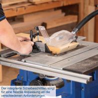 Die Tischkreissäge HS115 von Scheppach verfügt über einen integrierten Schiebeschlitten für flexible Anpassung an verschiedene Anforderungen.