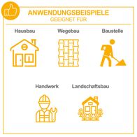 Anwendungsbeispiele für die Scheppach Rüttelplatte HP1800S: Hausbau, Wegebau, Baustelle, Handwerk und Landschaftsbau. Geeignet für verschiedene Bauprojekte und Anwendungen.