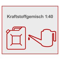 Kraftstoffgemisch 1:40. Ein Kanister und ein Tank mit einer Flüssigkeit, die in den Tank tropft.