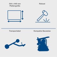 Die Scheppach Rüttelplatte HP1800S hat eine Plattengröße von 544 x 440 mm. Sie ist robust, transportabel und hat eine kompakte Bauweise.