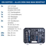 Werkzeugkoffer TB180 mit detaillierter Liste aller enthaltenen Steckschlüssel-, Bit- und Spezialsets (1/2 Zoll, Innensechskant, Zündkerven) sowie Kombi- und Ratchetschlüssel.