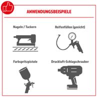 Das Kompressor AC501-14 Set Herkules (Bauhaus) eignet sich für Nageln/Tackern, Reifenfüllen (geeicht), Farbspritzpistole und Druckluft-Schlagschrauber.