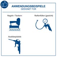 Das Produkt ist für Nageln/Tackern, Reifenfüllen (geeicht) und Ausblaspistole geeignet.