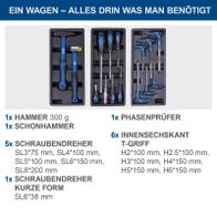 Der Werkstattwagen TW1150 von Scheppach enthält: 1 Hammer (300 g), 1 Schonhammer, 5 Schraubendreher (verschiedene Größen), 1 kurzer Schraubendreher, 1 Phasenprüfer und 6 Innensechskant-T-Griff-Tools (verschiedene Größen).