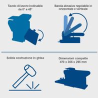 Der Scheppach Band- und Tellerschleifer BTS800 bietet einen neigbaren Arbeitstisch von 0° bis 45°, eine verstellbare Schleifbandeinheit, eine robuste Gusseisenkonstruktion und kompakte Abmessungen von 470 x 365 x 295 mm.